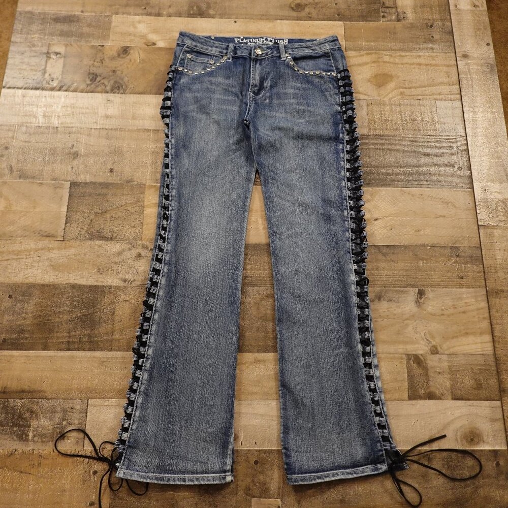 Platinum Plush Y2K jeans bootcut lace up women's 13 blue denim rhinestone 2000's